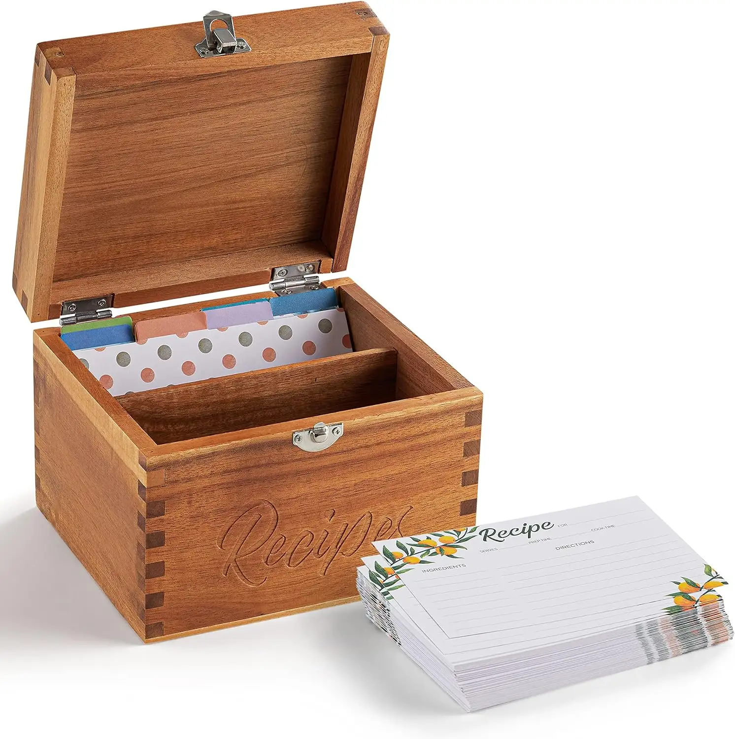 Organizador de recetas de madera de acacia con logotipo personalizado, caja de recetas de madera, Tarjetero con separadores