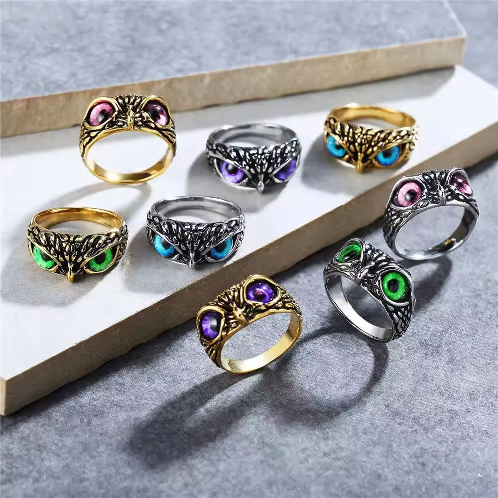 Anillos de dedo de búho de ojo de diablo Anillos de pareja de animales exagerados creativos con dedos abiertos ajustables