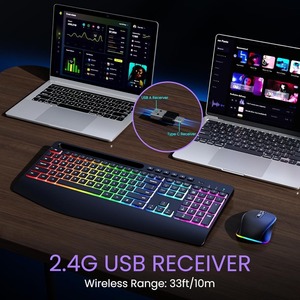 Teclado de ordenador ergonómico recargable RGB con reposamanos, teclado de membrana inalámbrico con teclas Silenciosas Para PC, ordenador portátil - Product Image 3