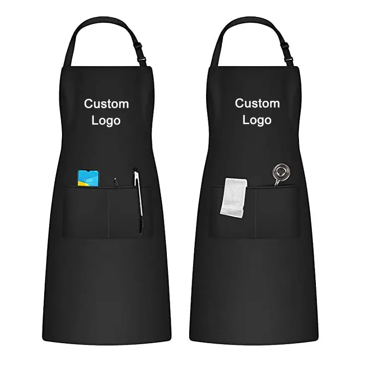 New Design Factory OEM Custom Design Print Logo Preto Longo Chef Cozinhar Cozinha Bib Avental em algodão com dois bolsos