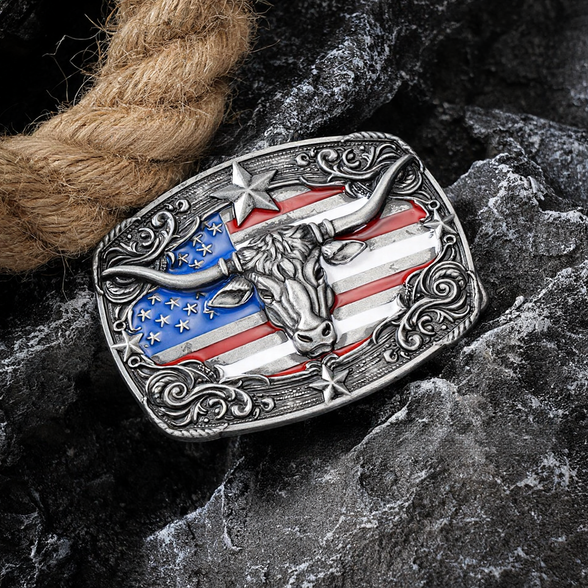 หัวกระทิงพร้อมธงชาติอเมริกันหยดน้ำ สีเงินโบราณ