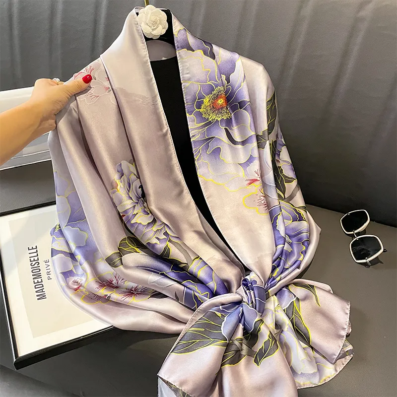 Chales de seda para adultos, bufanda floral para chicas vendedoras, diseños de China, bufandas largas estampadas de satén, estampado