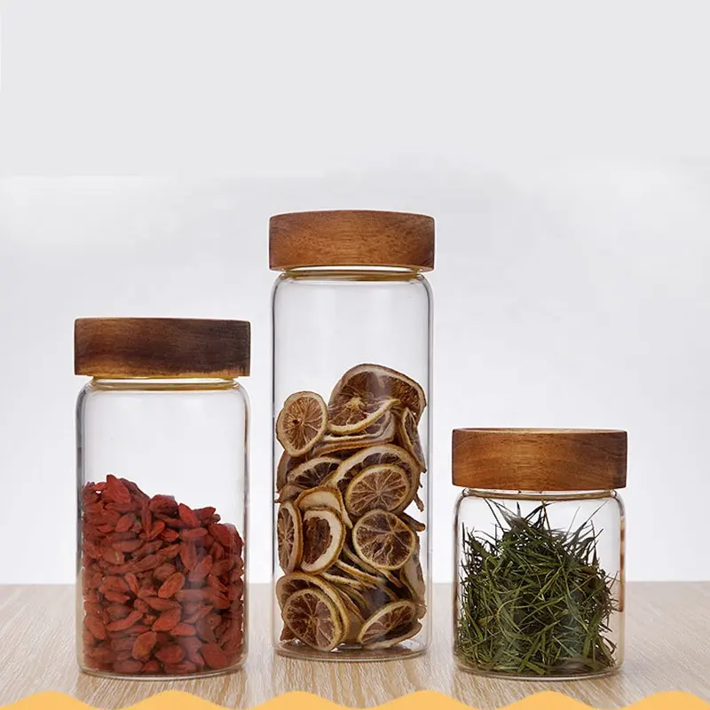 Bocaux hermétiques en bois d'acacia, 4 pièces, pot à aliments en verre avec couvercle hermétique