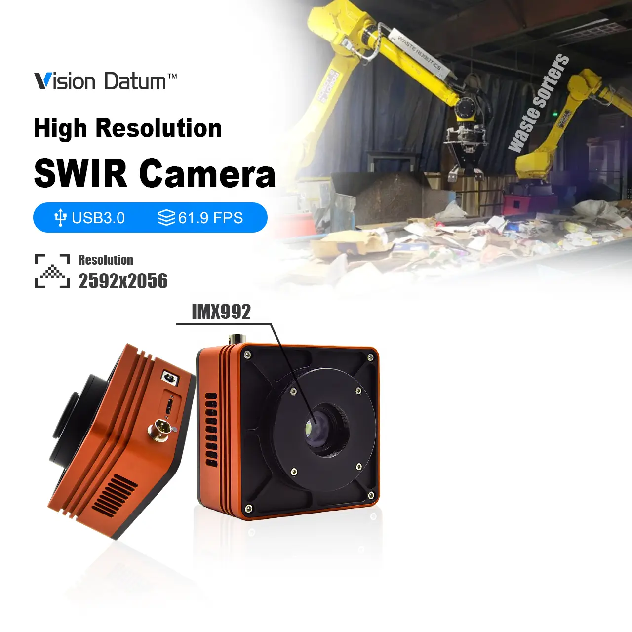 5MP IMX992 TE Cooling 5,62fps 400-1800nm USB3.0 seir Camera for Machine Vision Plastic Sorting