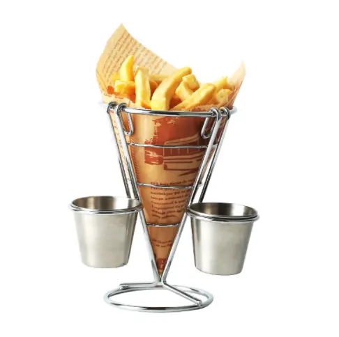 Snack Fried Chicken Frame Metal Cone Rack Wire French Fries Stand Cone Basket Fry Holder con mestoli per salsa per cucina