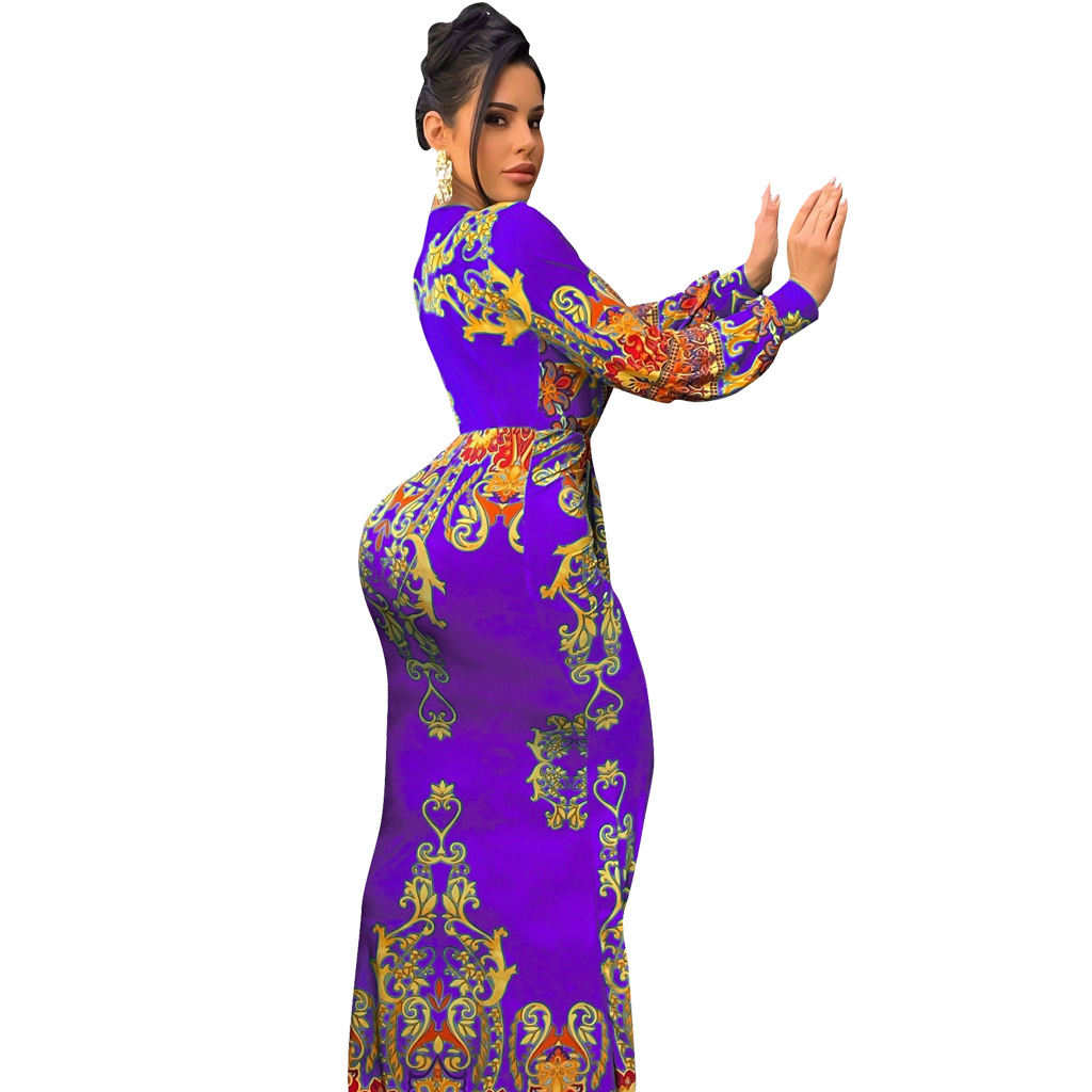 CM.YAYA Women Paisley Elegant Ruched Deep V-neck Long Sleeve Mermaid Bodycon Midi Maxi Dress Sexy Party Night Prom Long Dresses