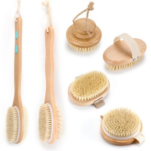 天然卸売木製ロングハンドルソフト剛毛ヘアバスジェルドライスキンボディバックシャワークリーニングブラシ