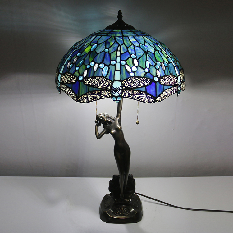 LongHuiJing Retro Dragonfly Stained Glass Table Lamp 16Inch 2Heads Pull-Chain Night Stand Light with Women Sculpture