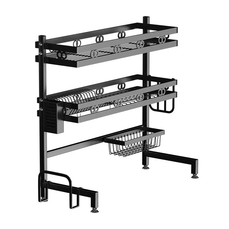 Escurridor de vajilla de 2 niveles, estante de almacenamiento de acero inoxidable para fregadero, organizador de cocina de 64, 74, 84 y 90cm, color negro