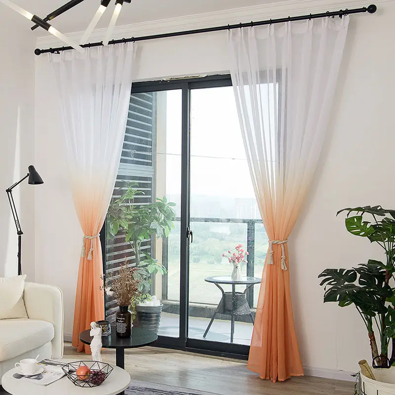 Cortina de tecido de organza transparente, cortina de tule transparente, estampada com gradiente de laranja, para cozinha, meia janela, sala de estar