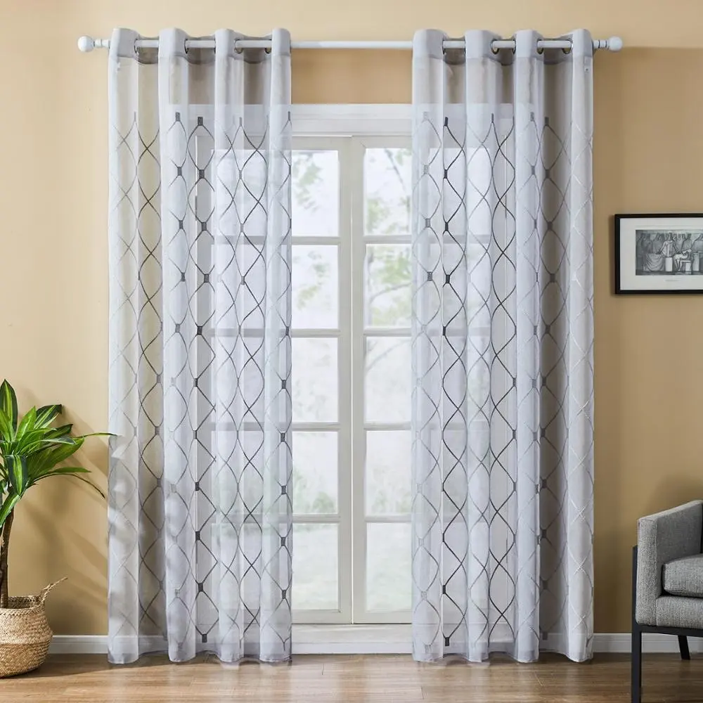Topfinel cortina de tule transparente, design geométrico transparente, para cozinha, sala de estar, quarto, de tule, branco