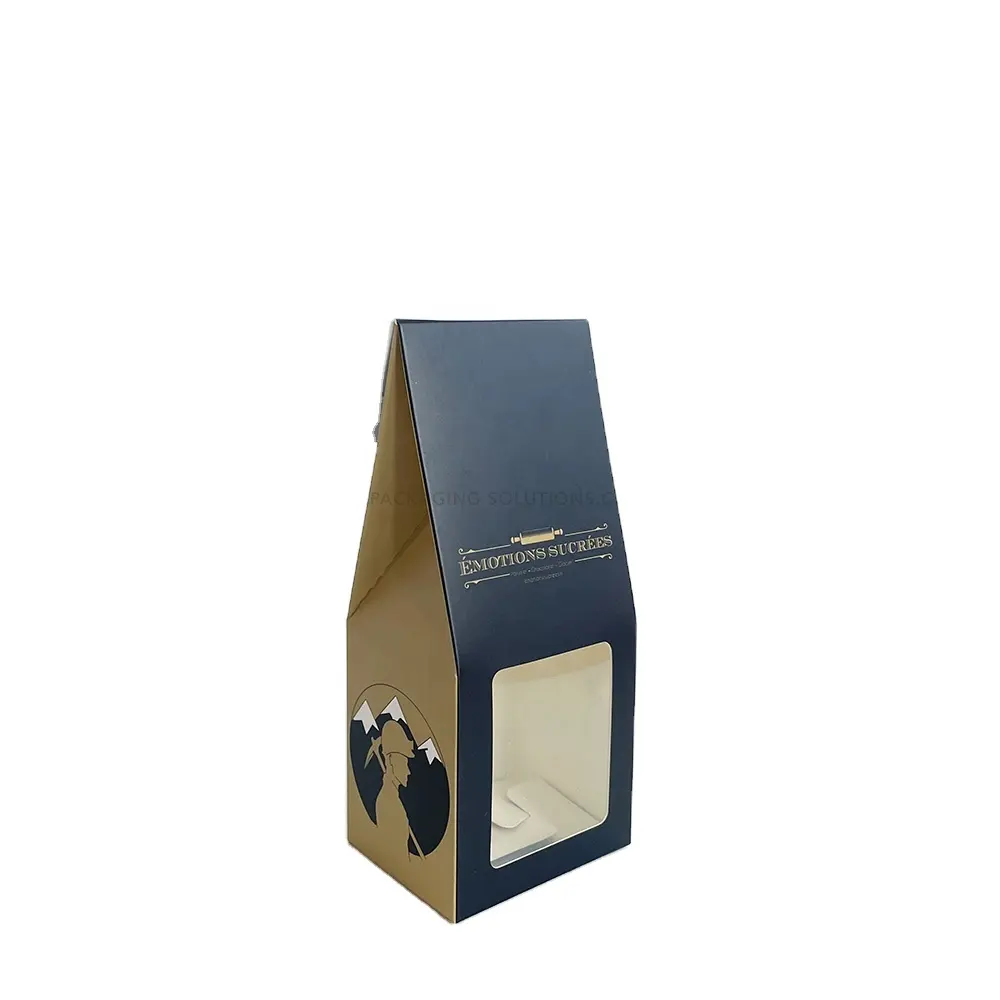 Fawn Yellow Snow Mountain Hiker stampato a quattro angoli scatola per imballaggio con supporto in carta nera con finestra trasparente per cioccolato