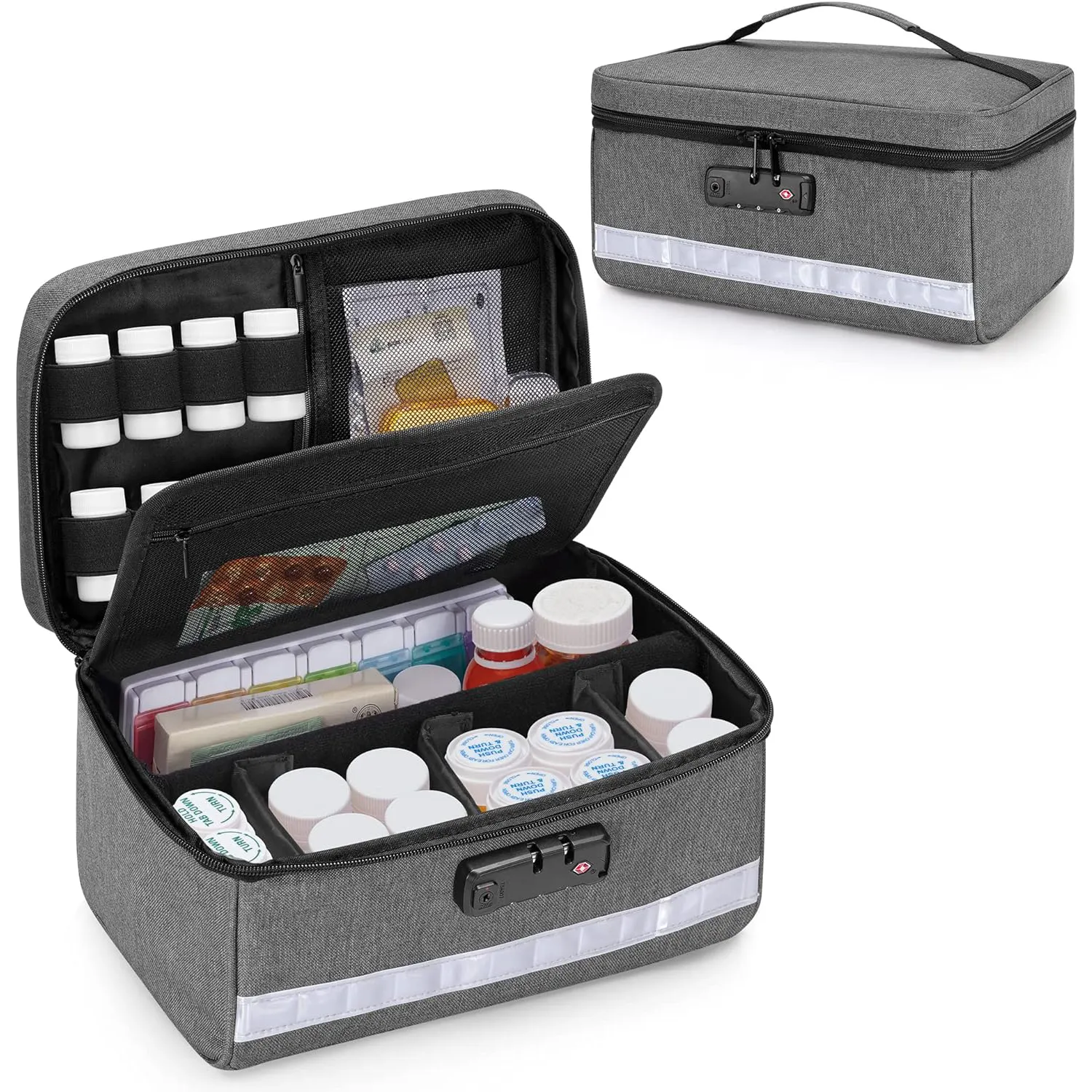 Tas Organizer penyimpanan obat perjalanan, dengan pemisah dalam kombinasi perlengkapan medis pengunci botol pil