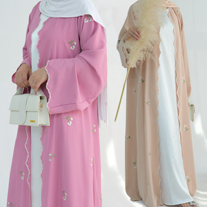<span class=keywords><strong>2025</strong></span>优雅蕾丝开衫女式碎花刺绣高品质穆斯林雪纺长袖传统服装