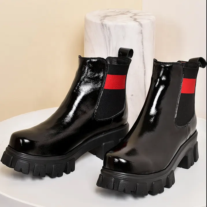 Botines de cuero con plataforma y punta redonda para mujer, botines de tacón alto gruesos, sin cordones, para otoño, 2020