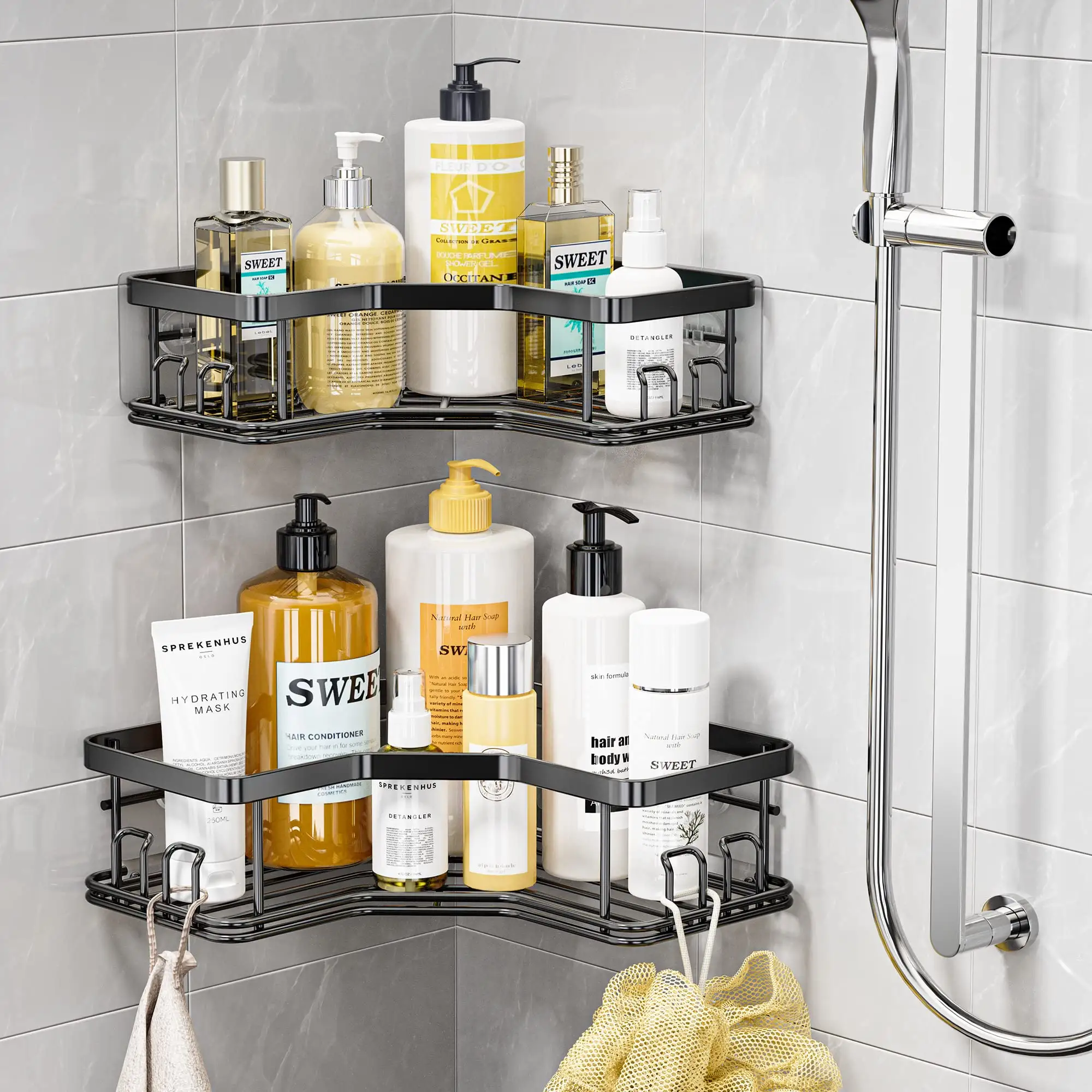 Organizzatore doccia in acciaio inossidabile ad angolo per bagno con 8 ganci portaoggetti per sapone adesivo