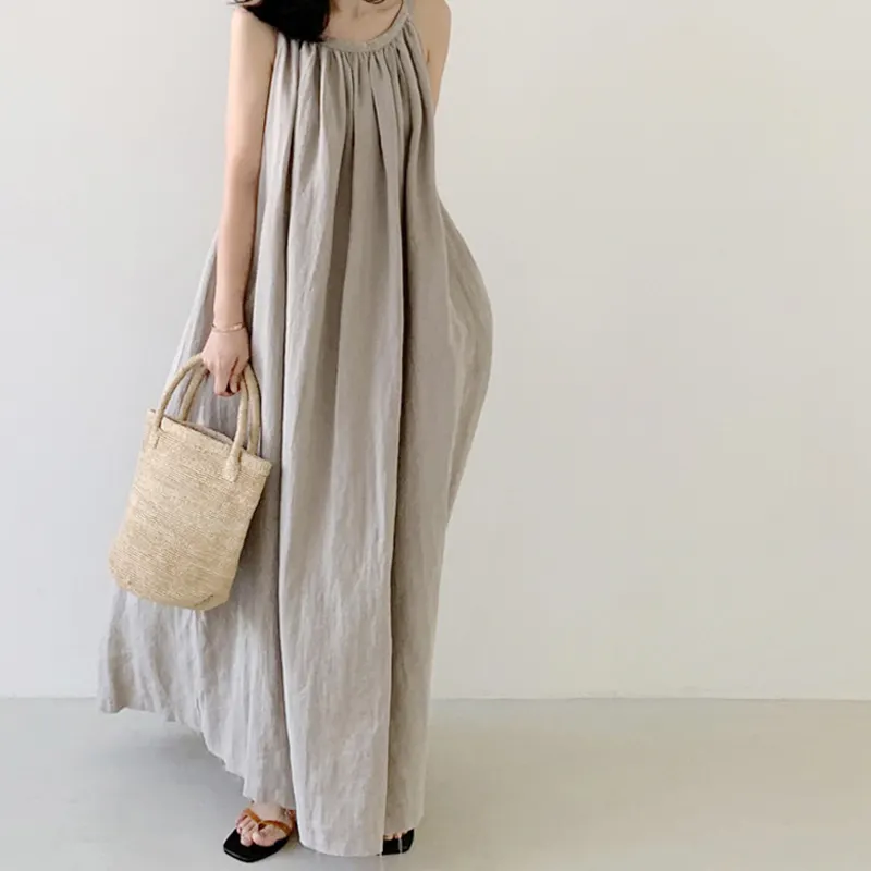 도매 여름 레트로 코튼 린넨 새로운 2022 드레스 여성 한국어 스타일 패션 민소매 캐주얼 a 라인 여성 드레스