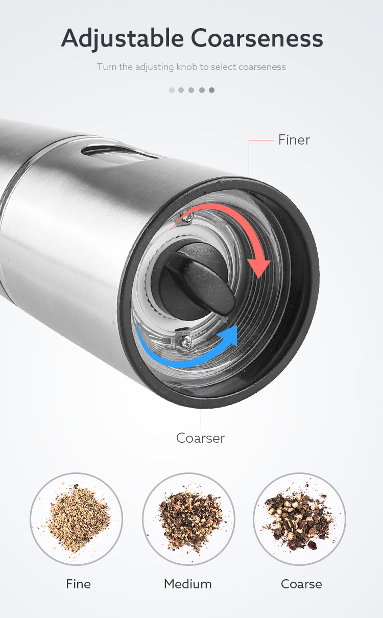 Round salt grinder electric, Good Quality customized stainless steel pepper grind with led