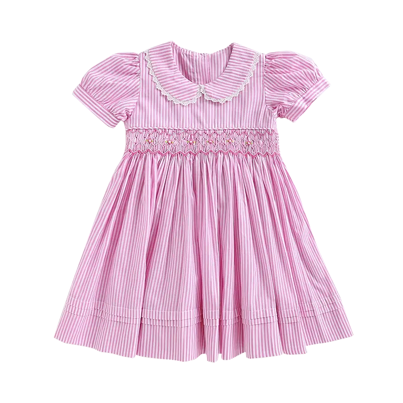 Vestido peter pan colar rosa listrado, vestido verão 2021 vestido bebê vestido defumado para meninas