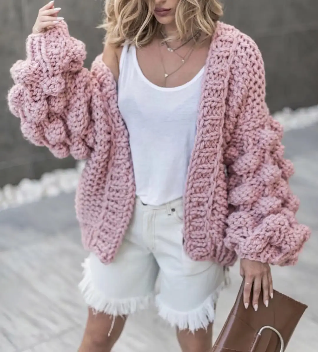 Casaco de outono e inverno Handmade Crochet lã lã camisola feminina manga comprida Cardigan