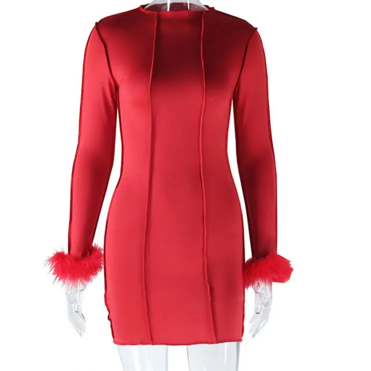 Elegant Solid Line Patchwork Mini Dress Women Sexy Stand Collar Feather Long Sleeve Body-Shaping 2024 Party Clubwear