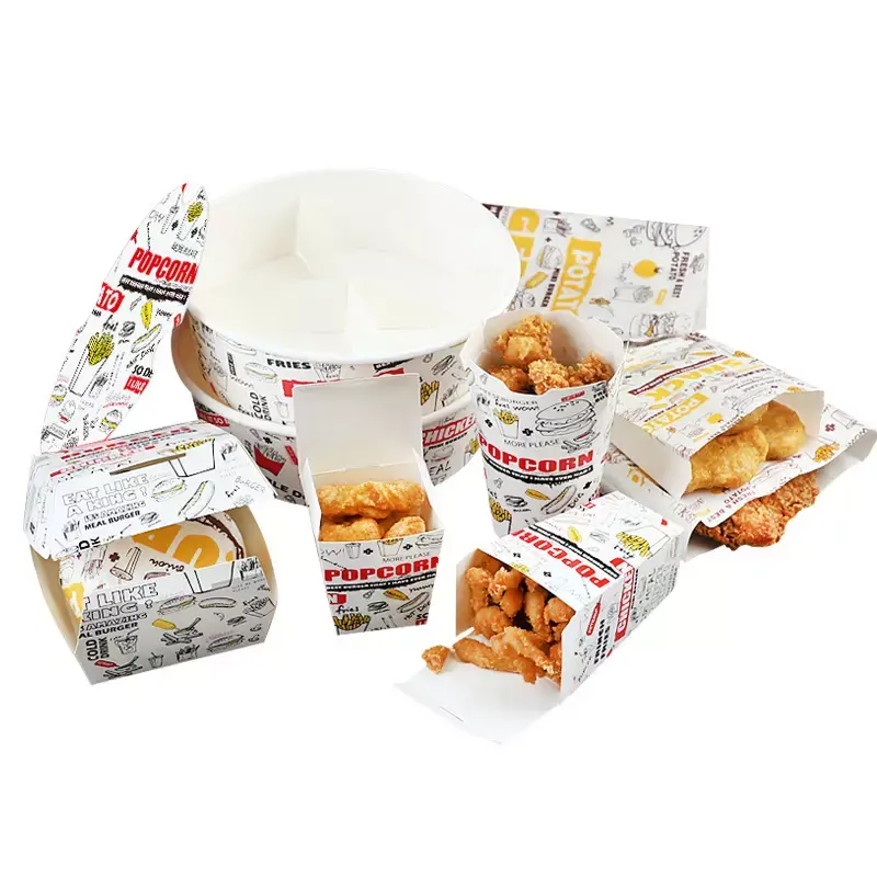 Paquete de comida rápida para niños, caja de papel de pollo, hamburguesa, muestras gratis, cartón personalizado, embalaje de aperitivos, precio de fábrica