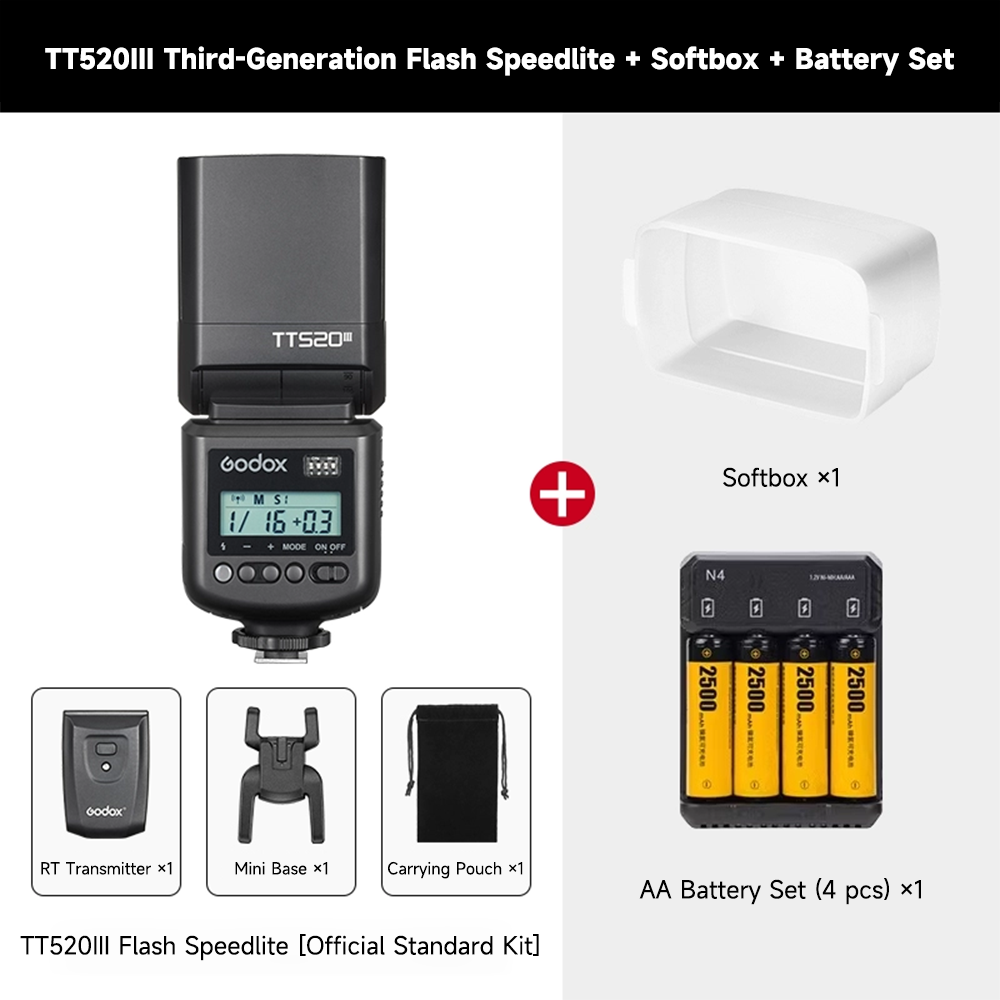TT520III + Boîte à lumière douce + Jeu de piles AAAA