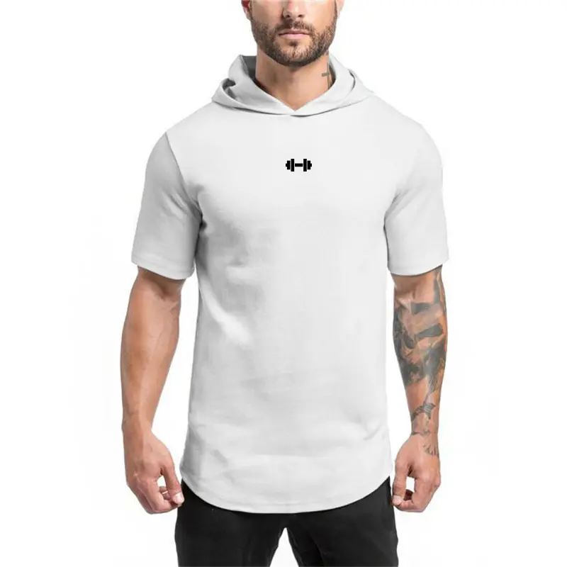 Logotipo personalizado Nova Marca Verão Musculação Com Capuz Homens Ginásios Esportes Algodão Fitness Streetwear Camiseta