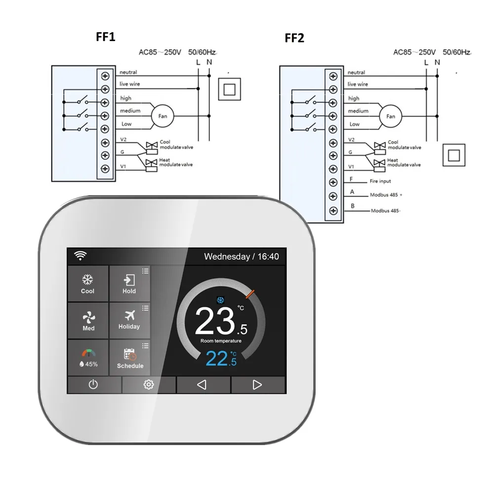 Termostato com válvula moduladora, válvula de módulo 4 tubos de refrigeração e aquecimento modbus rtu/tcp 3 velocidades 0-10v