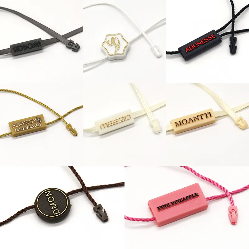 Abbigliamento di lusso personalizzato Hangtag Seal Strings Loop Locks corda di plastica Hang Tag String con Logo in rilievo
