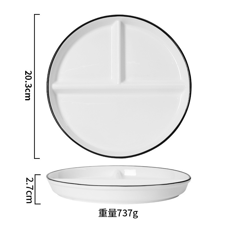 Assiette ronde à 3 compartiments de 8 pouces, ligne noire