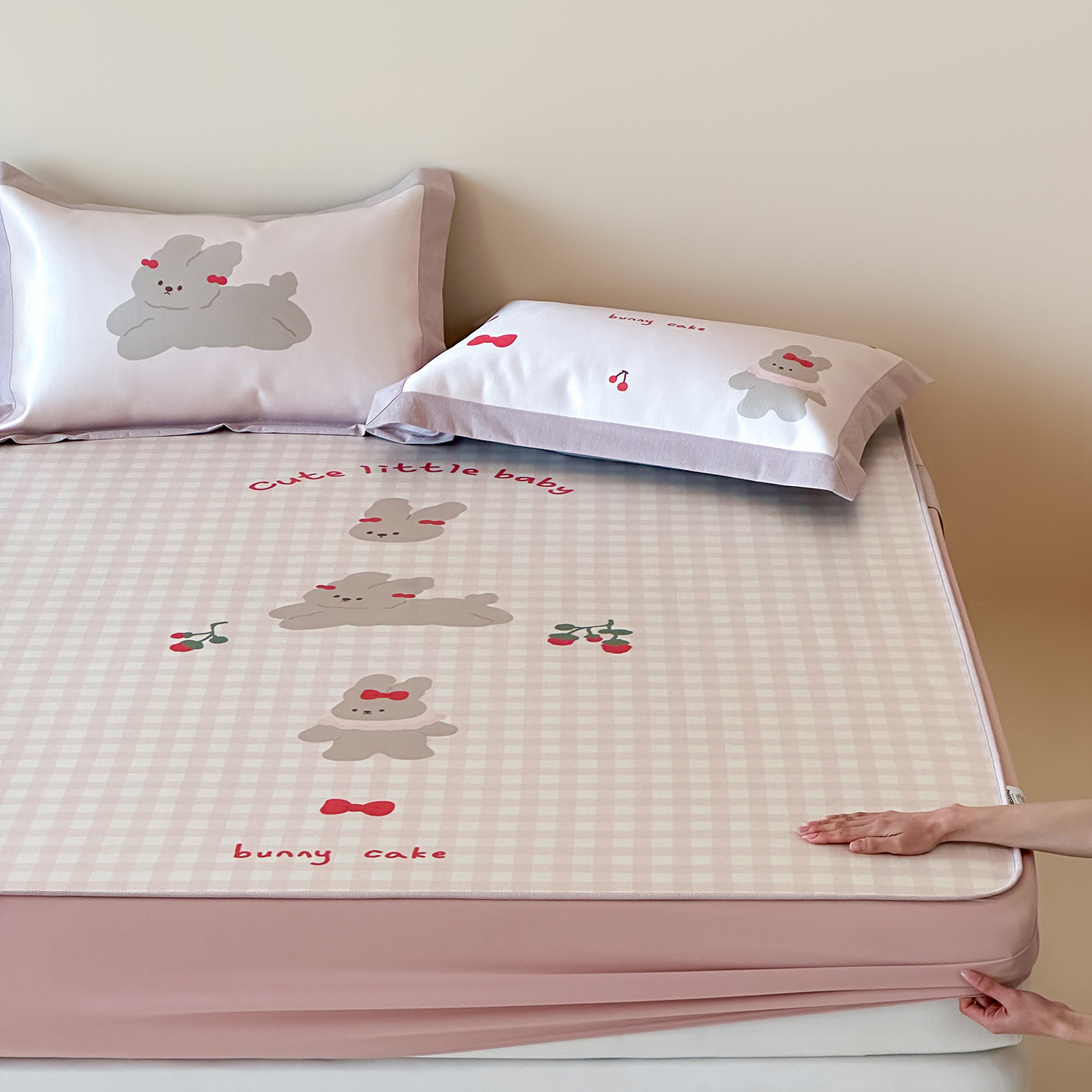 Fitted sheet picnic blanket with cherry bunny design