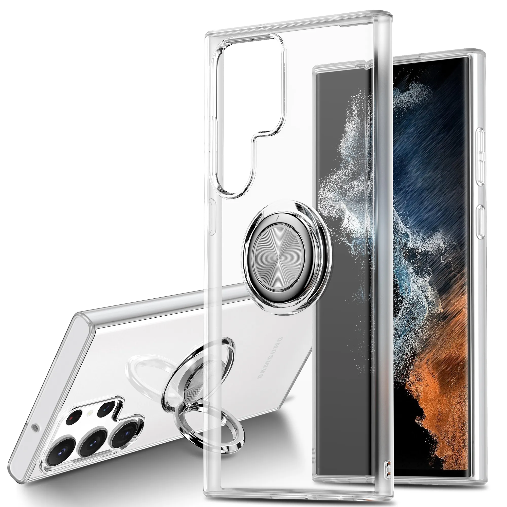 Прозрачный чехол из ТПУ для Samsung Galaxy S24 Ultra S22 S23 Ultra Plus с металлическим кольцом и подставкой для телефона