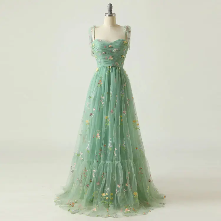 Venta caliente elegante vestido floral bordado correa de espagueti sin mangas dulce vestido de noche boda dama de honor vestido de Graduación