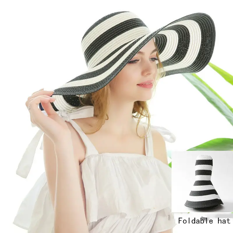 หมวกกันแดดสำหรับผู้หญิง,หมวกฟางขอบใหญ่ลายทางสีดำและสีขาวหมวกชายหาดชายทะเลกลางแจ้งหมวกเรียบง่ายดีไซน์สวยหรูสำหรับฤดูร้อน