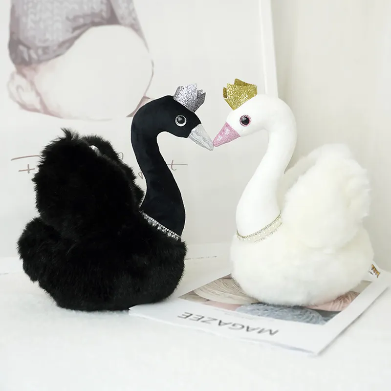 Princess Crown Black Swan Plush Toy Peal Necklace White Swan Couple Queen Swan Plushie Wedding Decor