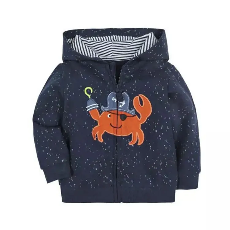 Haute qualité 100% coton Automne hiver chaud à capuche Broderie crabes enfants manteaux veste bébé