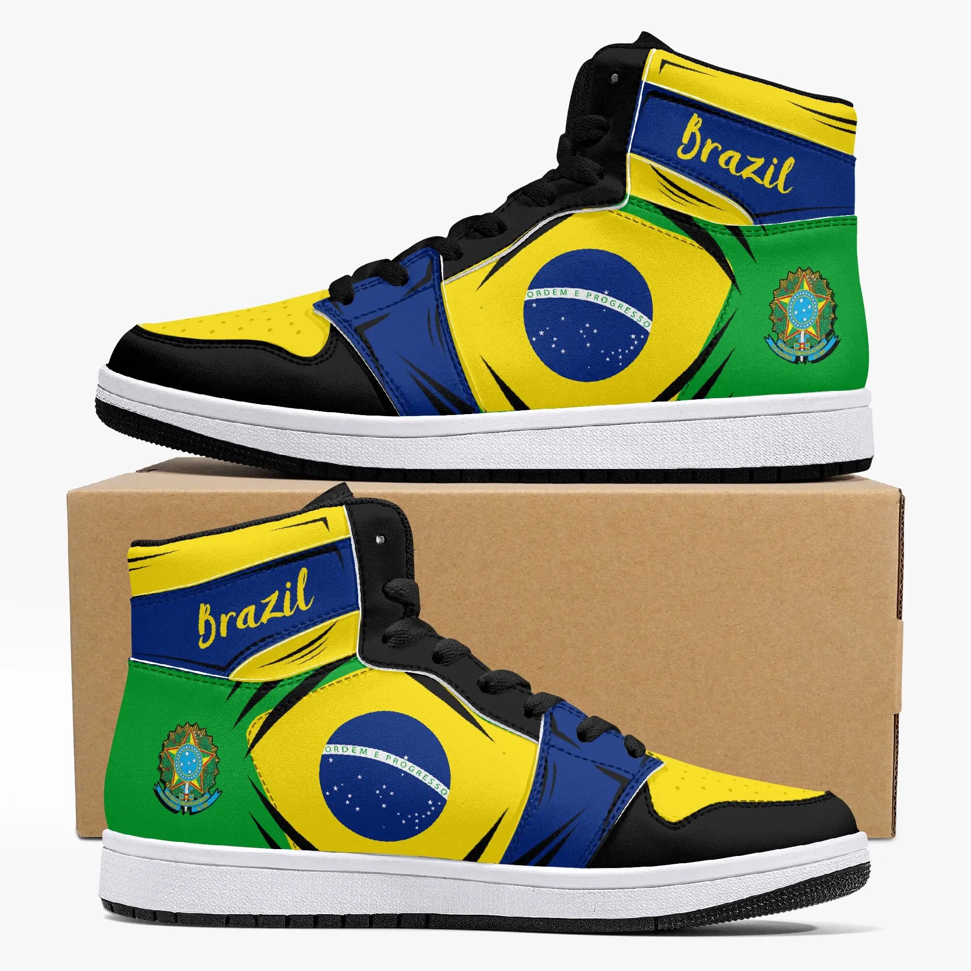 Calçado com bandeira do Brasil verde escuro e amarelo, tênis de corrida para meninos, com cano alto e luxuoso, com design luxuoso e personalizado, bola esportiva