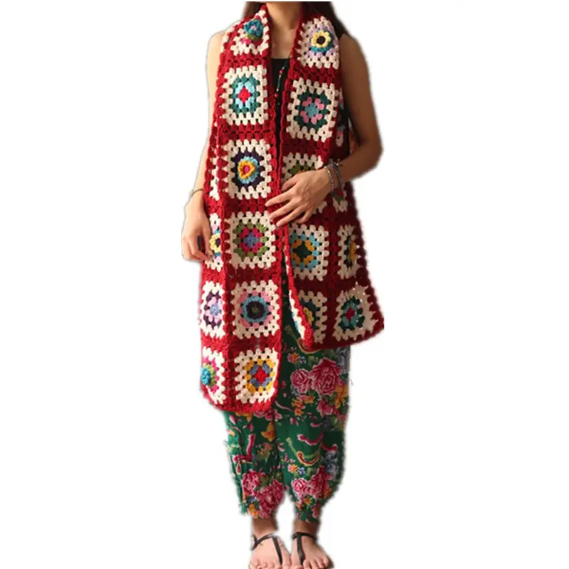 Bufanda larga a la moda que combina con todo invierno cálido largo colorido hecho a mano ganchillo Patchwork tejer 200x33cm bufanda