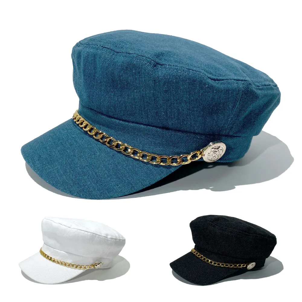 저렴한 가격 최신 디자인 클래식 영국 부드러운 천 모자 단색 빈티지 영어 베레모 금속 체인