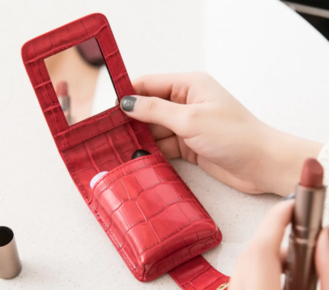 2021 Designer Mini Pu Lipstick Tas Met Spiegel, Kleine Size Cosmetische Lippenstift Pouch Leather Case Reizen