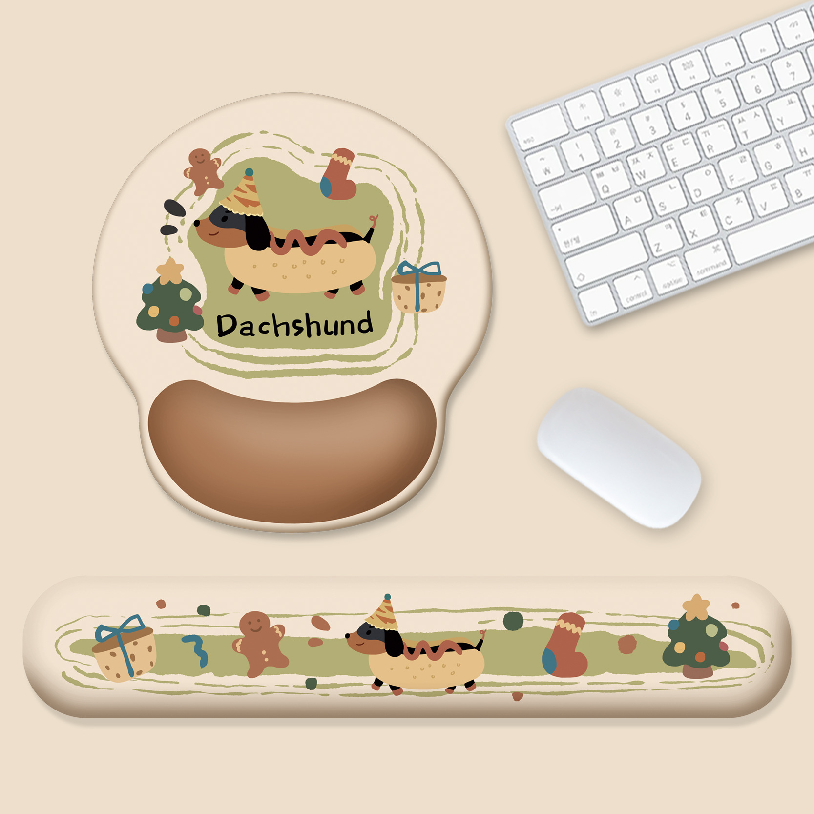 แผ่นรองเมาส์+ถาดวางคีย์บอร์ด ลายคริสต์มาสสุนัขไส้กรอก