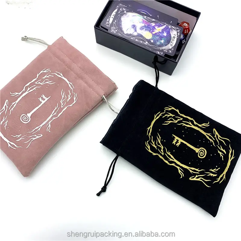 Altın/gümüş damgalama kadife süet İpli Tarot kart çanta Logo ile saten kaplı kadife mücevher çanta