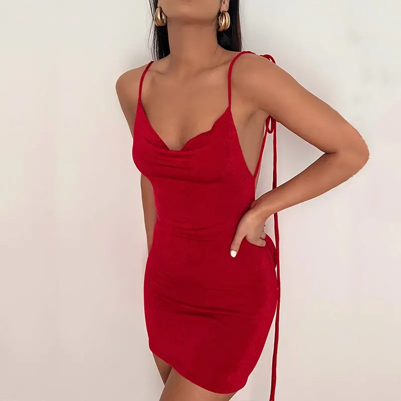 Drapeado de terciopelo de corte bajo con cordones para mujer sin mangas sin espalda Mini corto Spaghetti Slip vestidos Club Party Sexy mujeres vestido rojo