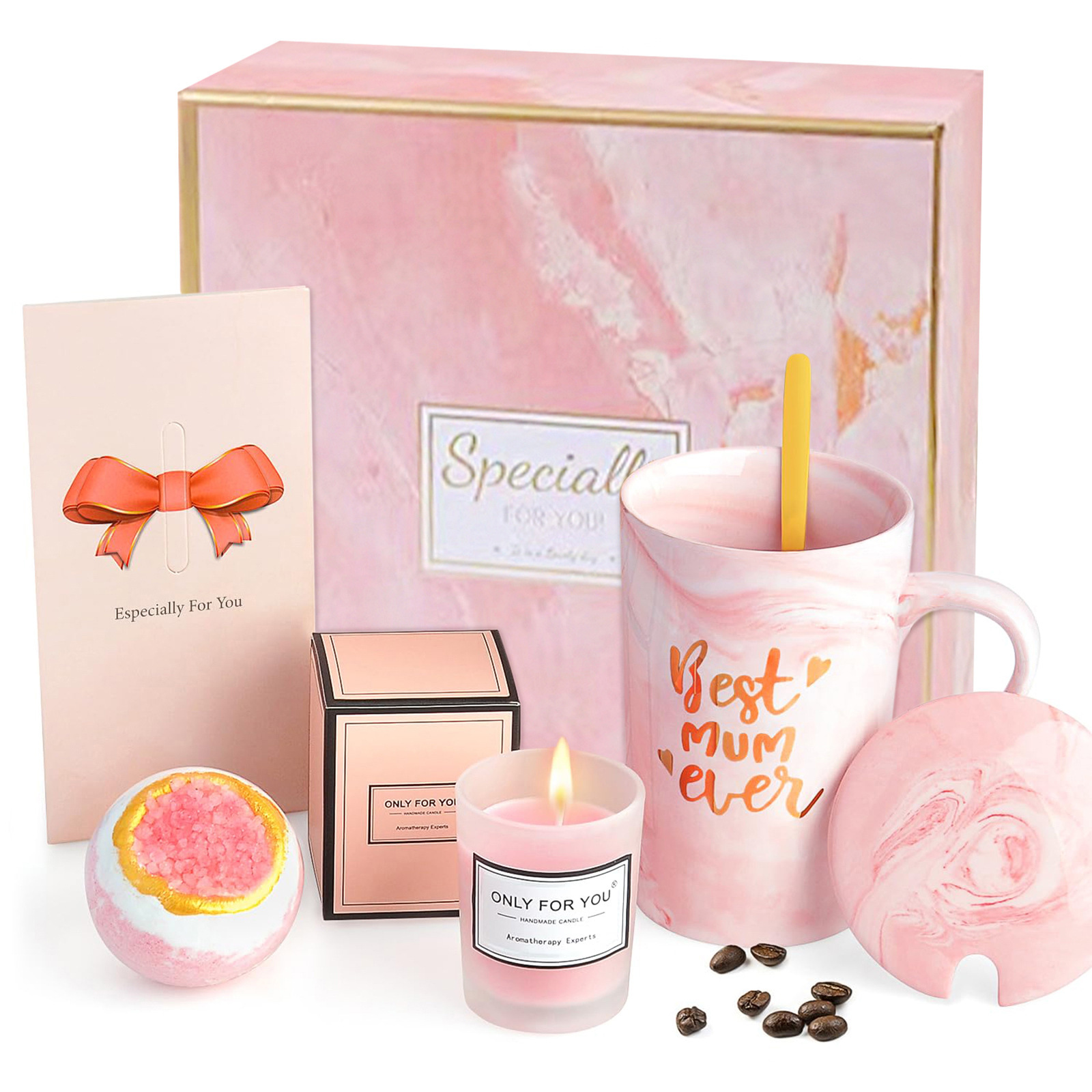 rosa Scatola regalo con tazza, coperchio, cucchiaio, carta, candela, pallina da bagno