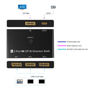 DisplayPort de alta calidad 8K DP 1,4 Switch 3 en 1 Out 1 en 3 Out Bi-Direction 8K @ 30Hz 4K @ 144Hz Splitter Converter - Product Image 6