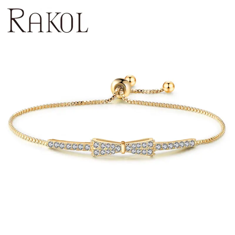 RAKOL BP2028 Trendy 18K placcato oro CZ AAA zircone donna bracciale regolabile gioielli bracciali con fiocco in argento per le donne