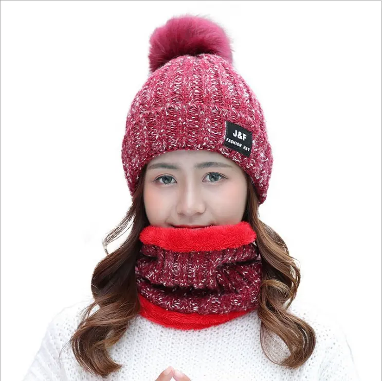 Lông Pom Pom Bóng Dành Cho Người Lớn Acrylic Dày Knit Hat Ấm Lót Lông Cừu Beanie Infinity Scarf Set Dệt Kim Phụ Nữ Mùa Đông Hat Scarf Set