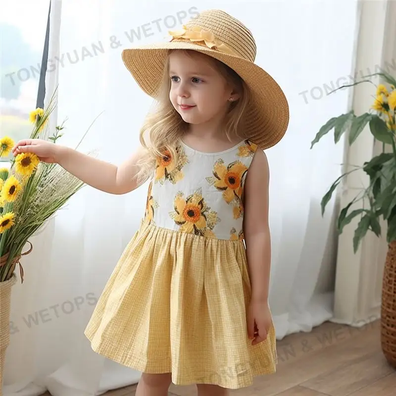 Robe d'été à nœud avec chapeau de paille pour filles, Style européen et américain, robes à fleurs pour filles, jupes pour bébés, nouvelle collection