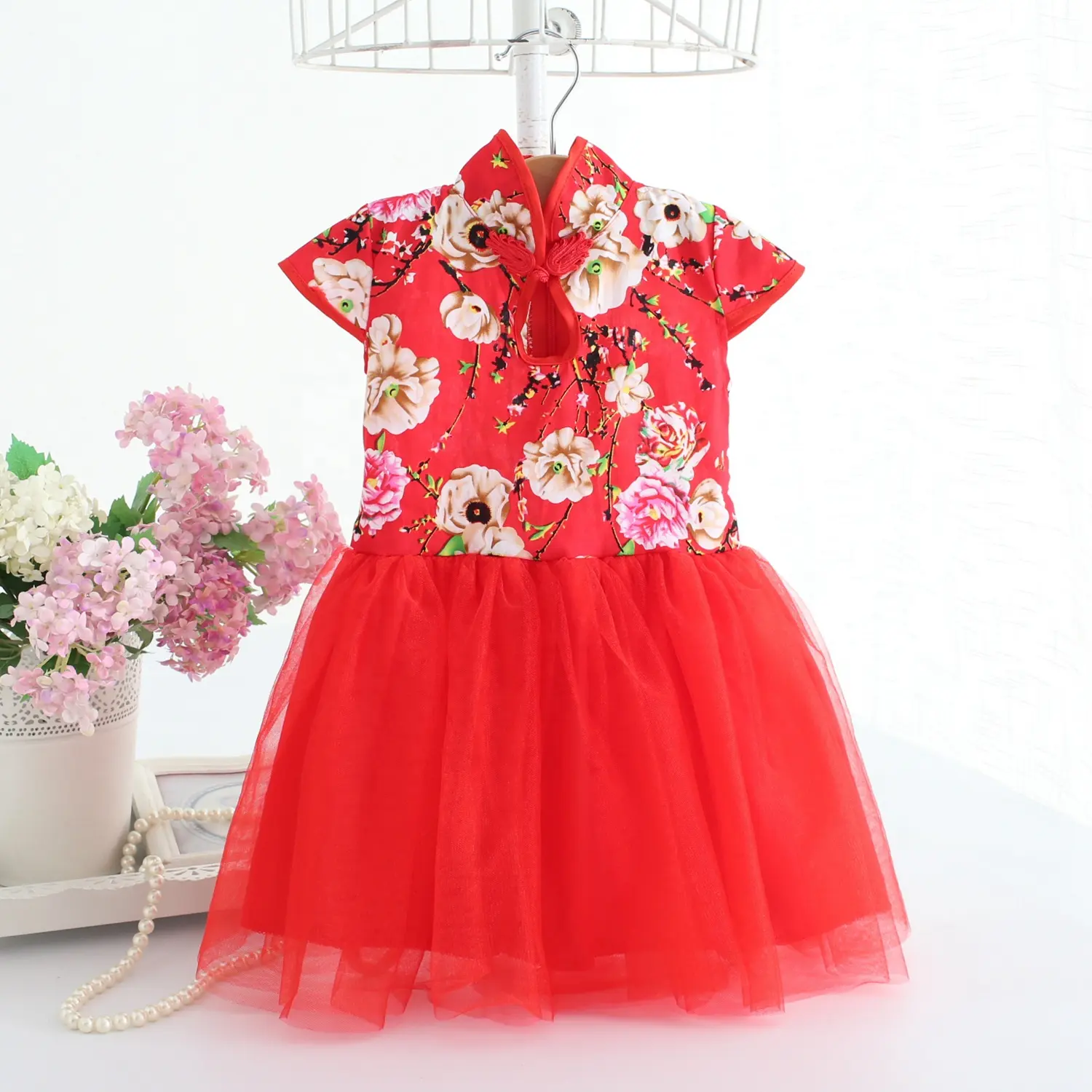 Qipao de algodón rojo chino para niña, vestido de fiesta de manga corta para bebé, vestidos florales de princesa de encaje para baile de graduación, cheongsam